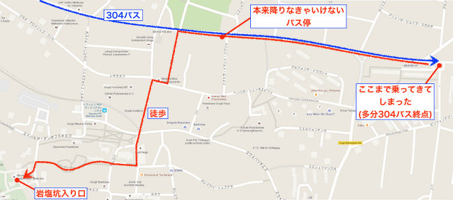 さて、現地の路線バスに初めて乗る場合に困ることは「どこで降りたらいいか？」ということなのだが、スマホが無い時代なんかはやはり運転手や周りの人に「着いたら教えてね」と言うのが定石なのかもしれない。しかし、現在は便利な「iPhone」というものがあるので、その地図アプリで確認しながら行けば、大体ことは足りる。 <br /><br />しかしながらここで注意しなければならないのは、あまり頼りすぎると、ハマってしまうということ。<br />自分は事前に調べた情報を信用しすぎてしまい、実際に走っている道は一本違う道だった（どうやら工事中によりルートが変更されていた模様)。ということで、見事に乗り過ごしてしまい、結局気づけば終点だった。 <br /><br />終点まで行ってしまうと、ヴィエリチカ岩塩抗まで歩いて戻らなければならないのだが、まあ歩けない距離ではないので、最悪乗り過ごしてしまっても大きな問題にはならない。 <br />