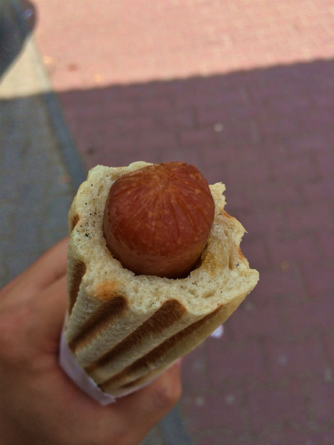 ヴィエリチカ岩塩抗を後にして、クラクフの街に戻ることにする。バス停に向かう途中に面白そうな食べ物が売っていたので買ってみることにした。商品名が分からなかったので困っていたら、キオスクの店員のおばちゃんが「ホットドッカ？」と聞いてきたので、うなずく。なんだ、ホットドックか。 <br /><br />このホットドックは中心に穴が開いたパンみたいな生地に、穴の空いた部分にお好みのソースを注入し、ソーセージを突っ込む。ソーセージを突っ込む反対側はもともと閉じられているので、最初に入れたソースが漏れたりすることはない。 <br /><br />肝心の味の方は・・・。まあまあです。普通のホットドックの方が美味いかな。ソースが全体に行き渡らず、最後の方に溜まっているのもマイナス点。 <br /><br />とはいえ、ポーランドに来た時には記念として食べてみる価値はアリだ。 <br />