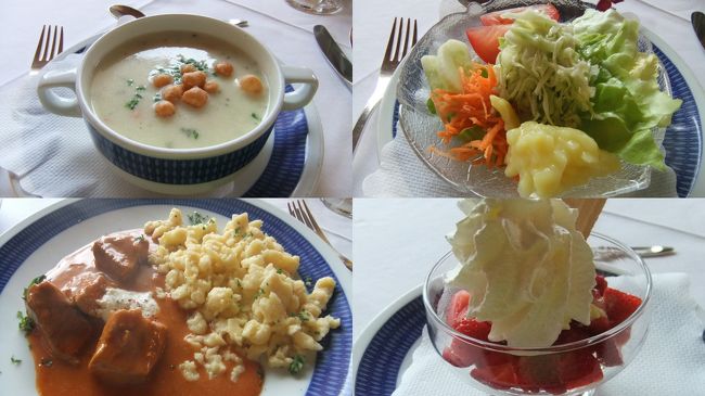 夕御飯は18:00〜18:30スタートです。<br /><br />ダイニングルームに行ってゲストが思ったより沢山いらっしゃったのでびっくりしました。<br />後でオーナーのEvelynさんに伺ったところ、常連さんが多いとのこと。<br />ベルギーからのご家族は18年来、スイスからの御夫妻は14年来とか。<br />そこに謎の東洋人1名がお邪魔するのですから、最初はちょっと居心地の悪さもありましたが、食事時やハイキングから戻った際に挨拶を交わすようになって、親しくして頂けました。<br /><br />ゲストの皆さんはドイツ語でお話されていますが、Evelynさんは英語が堪能でした。<br /><br />写真はこの日頂いた夕御飯です。<br />なかなかボリューミーです^^<br />毎日どんなメニューかなと楽しみでした。<br /><br />ちなみに、宿泊費はハーフボードで1泊65ユーロでした。<br />去年行ったスイスと比べるとかなりリーズナブルです^^<br /><br />Evelynさんが切り盛りする女将さんという感じで、いつも明るく元気なので、こちらも元気になりました。<br />常連さんが多いのはEvelynさんの魅力もあるのかもしれませんね。