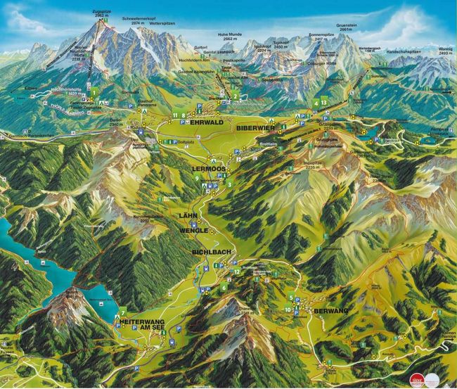 こちらがその地図。<br />各村の位置関係や地形が理解し易いです。<br /><br />Tiroler Zugspitz ArenaではEhrwaldが一番大きな集落になりますが、Ehrwaldにあるロープウェイ2箇所は中心地から少し離れていて、Ehrwaldに滞在したとしてもバスか車でのアクセスが必要です。<br />Lermoosのロープウェイは中心地から徒歩でアクセスできるのと、周辺に気軽に歩け景色も良いハイキングコースがあるので、Lermoosに滞在して良かったと思いました。<br />ZugspitzeやSonnenspitzeの景気も素晴らしかったですし。