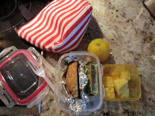 ランチはこんな感じ。百均のランチバックに、フルーツやサンドイッチ、ゼリーやカロリーメイト等簡単なものを詰めて。この日はダイヤモンドマーケット＆グリルのブルーベリー＆クリームチーズのスコーン。大きいので一つを半分に分けました。十分多かったそうです。