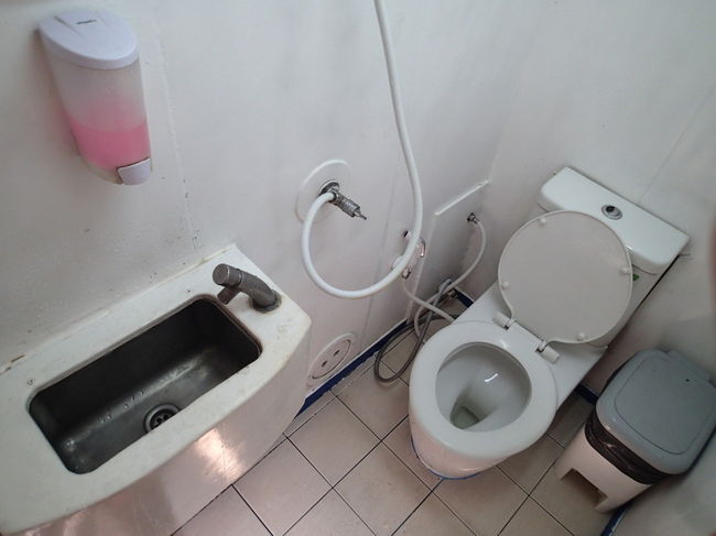 船内のトイレ。<br />後方に3つありました。