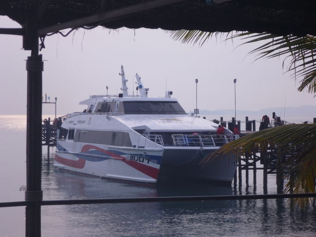 これが、私たちの乗る高速双胴船。とても揺れが少ない船で快適でした。