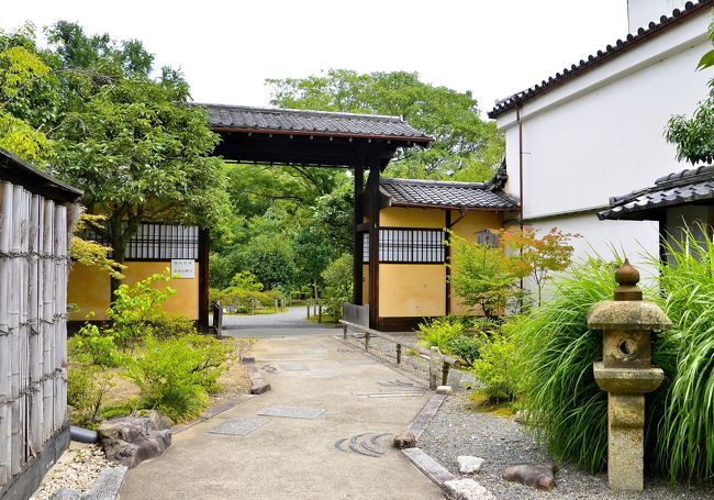 庭園北口<br />手前には織部灯籠が置かれています。この庭園北口は趣を異にする造りですが、これは北と南にある建物を結ぶ廊下の一部に庭園入口を設けているためです。<br />北口を潜り抜けると植栽の濃い緑が広がり、北（左）へ進めば臨池亭・滴翠軒、南（右）に進めば園林堂・傍花閣に至ります。<br />初めての訪問なので、見落としのないようにパンフレットに記されたガイドマップ順路に従って臨池亭・滴翠軒へ向かいます。