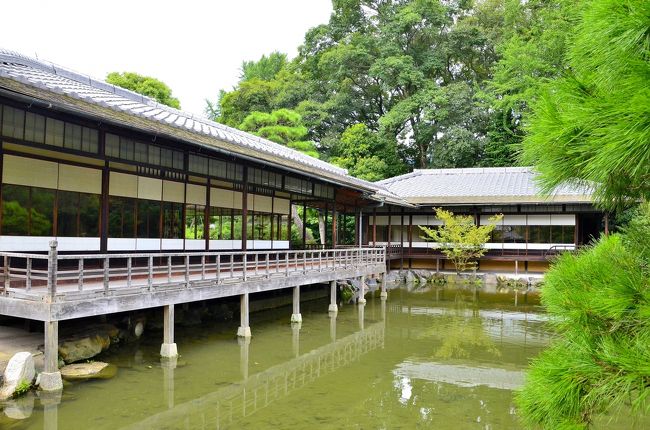 滴翠軒＜十三景の一＞<br />奥の滴翠軒は「十三景の一」に当たります。現在の建物は、臨池亭と同年に再建されたものです。<br />縁側が池の中に張り出しているのがこの建物の特徴となっています。滴翠軒の内部には、花頭窓と床脇の半月形吹き抜けが印象的な座敷が設えられ、吹き放しの渡り廊下で臨池亭と繋げられています。