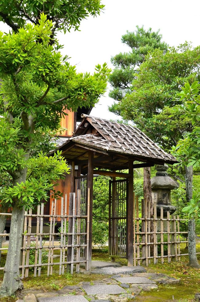 廬菴（ろあん） 中門<br />廬菴へ通じる前庭の路地には、珍しい屋根の形をした杉皮葺きに竹押えの中門が開かれています。<br />まさしく簡素美の極致と言えます。<br /><br />