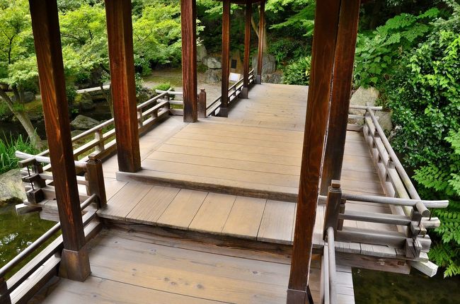 回棹廊<br />唐破風屋根のある橋中央部は、高くしてあるだけでなく欄干部分が前後に張り出しています。欄干ぎりぎりの所に立てば、まるで池の上に立って景観を観賞している趣になります。