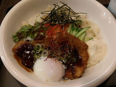 ●まぜまぜ冷やし味噌カツ麺＠若鯱家

何だかがちゃがちゃしてますが。
きしめんの上に、味噌カツとサラダがのっています。
味噌カツの八丁味噌がかなり濃かったので、玉子で和らげつつ。
面白い一品でした。
御馳走様でした。