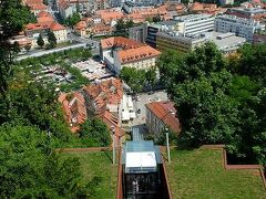リュブリャーナ城行きフニクラ（ケーブルカー）に乗っている時間は２，３分程度で、１０分に１本位の運行。

ガラス張りで市街地の眺めがいいんですが、上って行く時にはうまい位置に立てなかったSUR SHANGHAI。

これはもう、リュブリャーナ城城壁に上って見たフニクラの頂上駅と市街地です。

