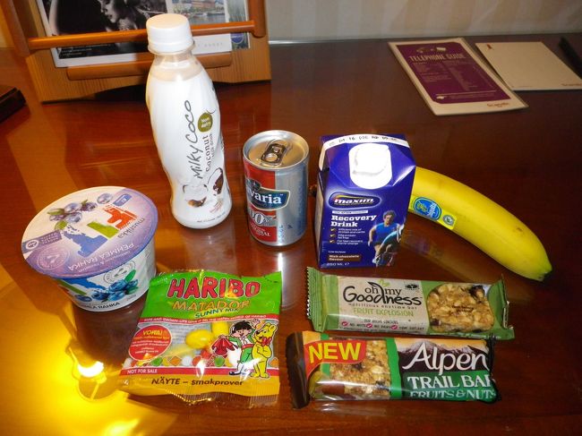 ゴールするともらえる食べ物。<br />缶はノンアルコールビールだよ。<br />ペットボトルはココナッツミルク。