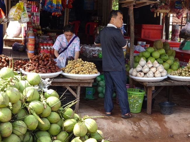 処が1時間ほど走ってバン道路上の売店でストップ<br />タバコを吸っているおじさん（乗客の一人）が果物を物色