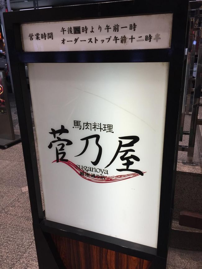 夜は馬肉料理の名店、菅乃屋へ。