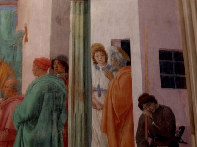 「天使によって牢から解放される聖ペテロ」<br />フィリピーノ・リッピ作。<br />１４８１年頃の作品。<br /><br />天使の左隣りにフィリピーノ・リッピの自画像が描かれています。