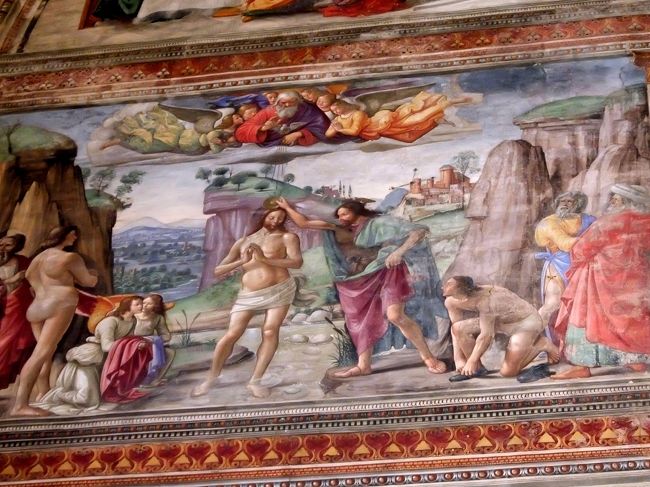 ギルランダイオ作「洗礼者ヨハネ伝」<br />「バプティスマのヨハネによるキリストの洗礼」