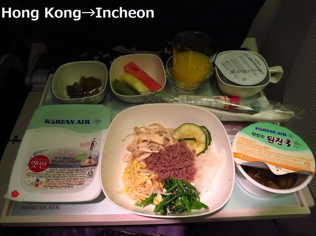 機内食は、海鮮麺とビビンバから、ビビンバ選びました。