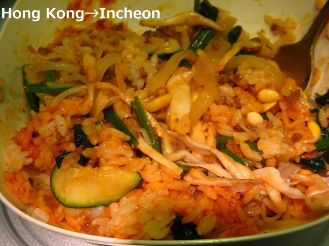 隣に座っていた香港人親子は、作り方がわからないと、キャビンアテンダントに聞いていました。キャビンアテンダントの女性はかなり優しいです。<br /><br />さてさて、私のビビンバ。この器を使って混ぜるの結構難しいです。