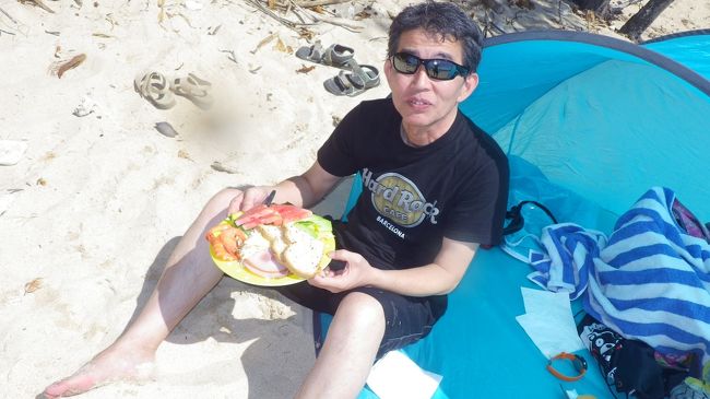 昼食です。<br />後ろの簡易テントは、HISで申し込むと無料で借りられました。<br />ちょうどキャンペーンだったので。<br />HIS以外で申し込んだ方は、たぶん有料。<br />それか貸してもらえなかったみたい。<br />日差しが強いので、なかったら辛い。<br />それに、島には施設がないのでトイレ、シャワー、更衣室がありません。<br />帰るときに私はテントの中で着替えましたが、テントがなかった人はどうしたのかな？<br />水着の上に普通に着ていったのかな。<br />船のトイレで着替えたのかな。<br />ツアー会社が張った大きなテント、テーブルと椅子がありましたが、そこは先に着いた外国人の方たちに占領されていました。<br />日本人の方はみんな砂浜に荷物を置いていました。<br />昼食後、潜水艦ツアーに行きました。<br />島1周しますが、海はしょぼいです。<br />その後少しゆっくりした後、船、車でホテルに戻りました。<br />ホテルに18:30ごろ到着。