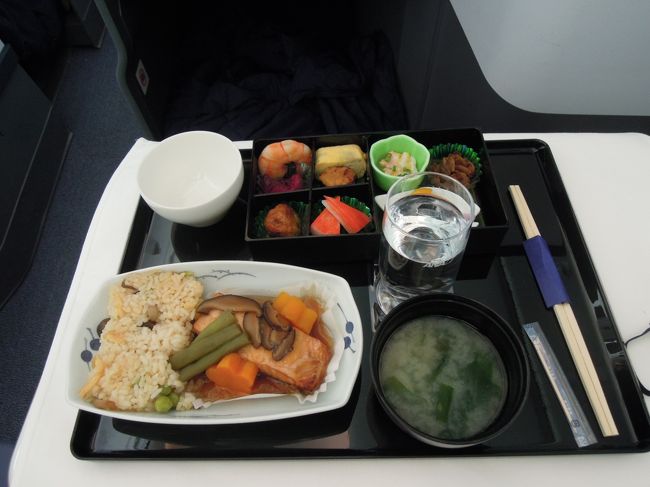 お食事です。<br /><br />真っ白なテーブルクロス、やっぱり先に配られます。<br />行きの飛行機で学習した私は、このテーブルクロスは広げずに手で持ってました。そしてお食事が来たときに自分で広げました。その方がわたし的には落ち着いて映画を見ることが出来たので、よかったです。<br />もしもテーブルクロスのことでお困りの方は、お食事が運ばれて来た時に広げるのがよろしいかと思われます。