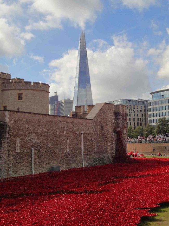 赤いポピーに埋め尽くされたロンドン塔。<br />第一次世界大戦から100年、英国軍の戦没者と同数のセラミック製のポピーで彩ったアート作品でした。<br />完成したばかりのザ・シャードが空に映えます。