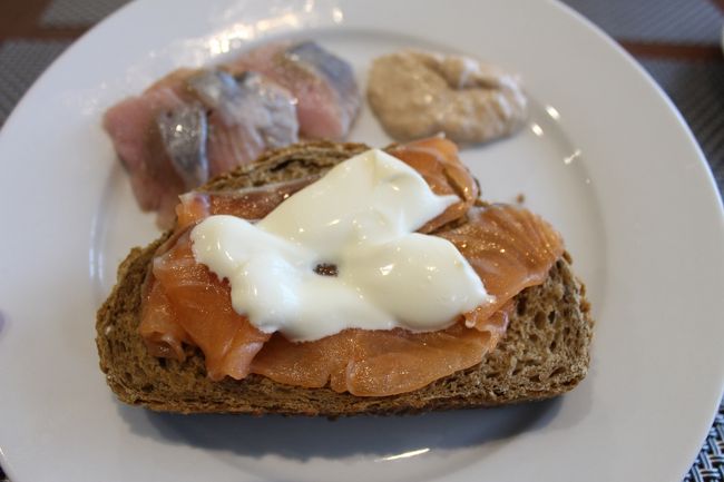 バルト3国は海に面してるだけあってお魚を食べます。<br />鰊かな・・・マリネで美味しかったし<br />茶色いペーストはツナ・・・・ツナの濃厚なお味で美味しかった。<br />サーモンも美味しい。<br /><br />娘のディッシュ<br />私はサンドイッチを作って後で食べるの。