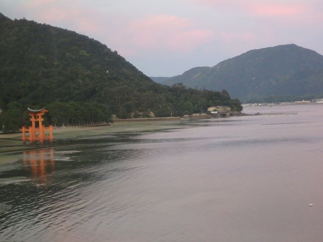 旅館から見た鳥居。<br />朝焼けです。