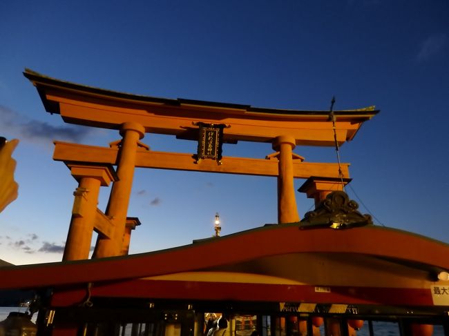 屋形船からライトアップ鳥居。下をくぐることができました！