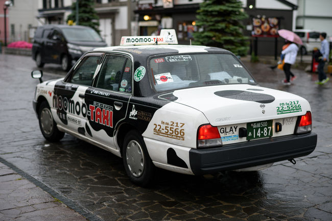 なんと牛柄タクシー！<br />北海道にいる感じにさせてくれるねぇ。