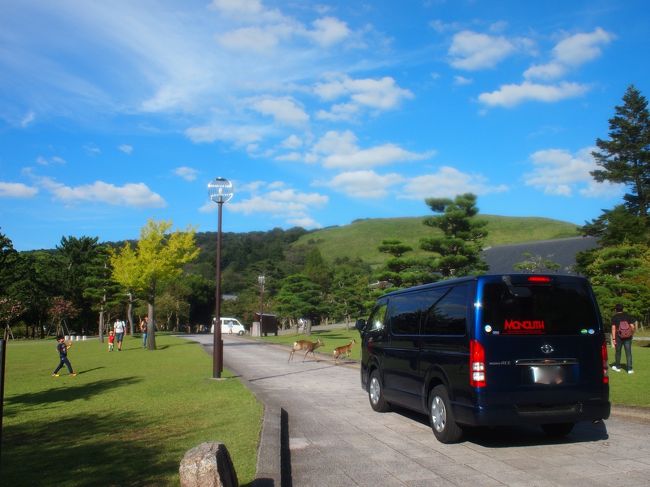 子供に追いかけられ逃げて道に飛び出したシカさん前で<br />ちゃんと止まる車を撮っただけで<br />素敵な景色が撮れた、若草山と空。
