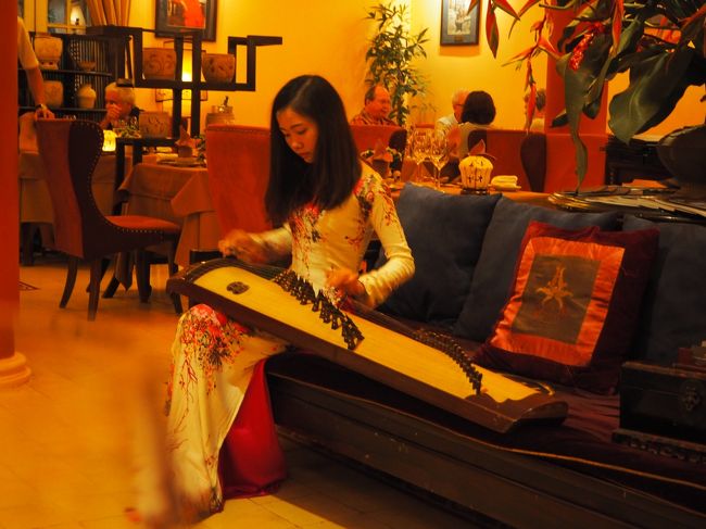 きれいなお姉さんが琴を生演奏してくれながらディナーをいただきます。<br /><br />途中、日本の童謡「ふるさと」も弾いてくれていました。<br /><br />というのも、ここのレストランは結構日本人が来ていました。<br /><br />ハノイ駐在中のサラリーマンの接待のような席も見たし。<br /><br />やっぱりいちおしのレストランなんですね。