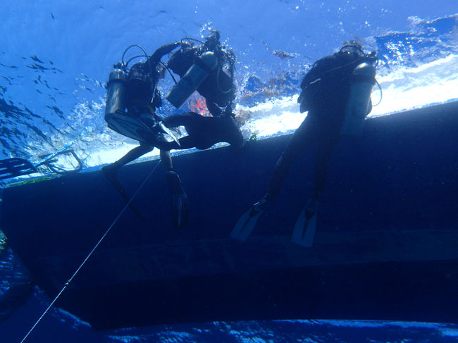 1本目　52分のダイビング終了です<br /><br />水面で　ウエイトベルトを外し、ＢＣもここで脱ぎます<br /><br />はしごに足を掛けフィンは自分で外し、ボートに上がります。