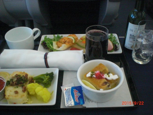 帰りは私は洋食をチョイス、お魚料理でした。機内で食べるとテンションが上がって、何でも美味しく感じます
