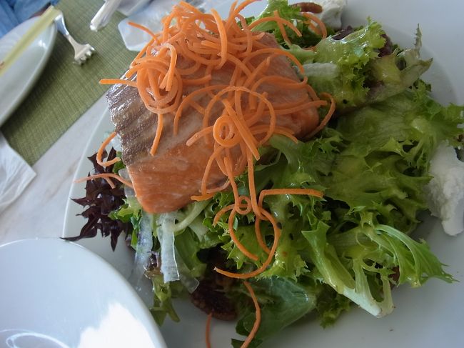 メニュー名を失念してしまったのですが、サーモンのサラダ。<br /><br />サーモンでかっ！ ３人でシェアするにしてもデカイ！