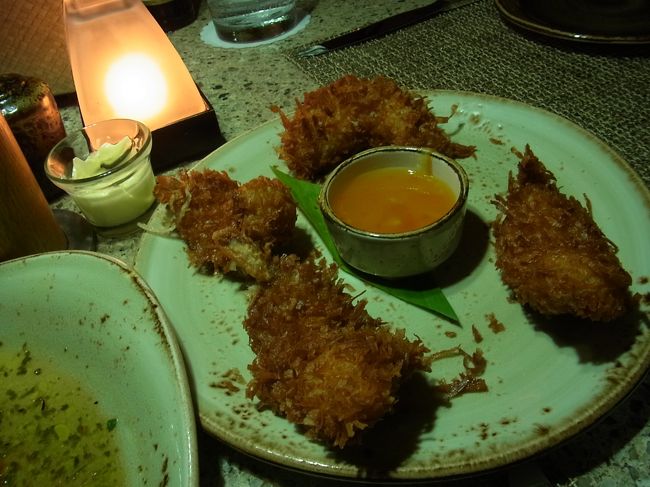 ローストしたコーンとトマトのサルサ、マッシュルームの煮込み、ココナッツシュリンプ、ショートリブの煮込みをオーダー。中でも、マッシュルームの煮込みはガーリックが効いていてお酒とも相性抜群。病みつきになるお味でした（写真はココナッツシュリンプ）。<br /><br />素敵なステージに、美味しいお酒とお料理。至福のひとときです。また来年、ここに戻ってこられますように。