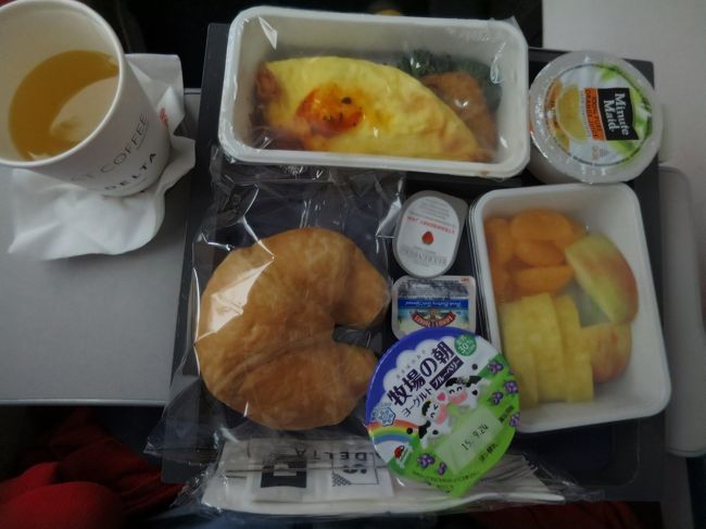 夜中出発だからなのかな。すんなり寝ることが出来ました。<br />機内は寒いことをわかっていたので、ホカホカになるアイマスクとウインドブレーカーとフリースのマフラーを着用しました。これ！重要だと思います。<br /><br />寝て起きたらミールサービスです。<br />なかなか良い感じです。オムレツはホカホカでしたしクロワッサンもふんわり満足で完食しました。
