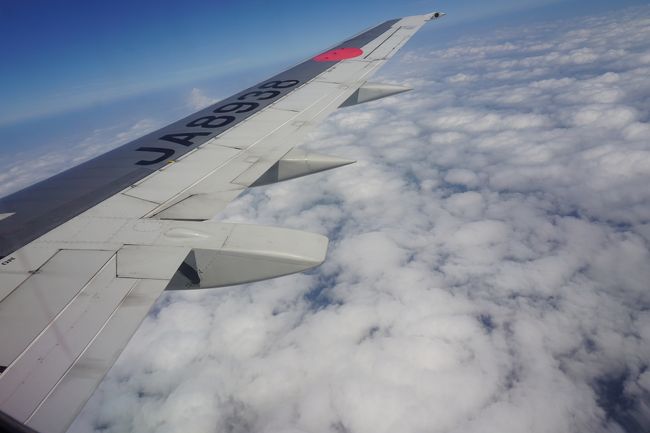 石垣島上空あたり。雲が広がってる〜。<br />天気予報でも曇りだったし、仕方がないかな。