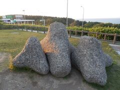 新潟県まで戻ってきて名立谷浜サービスエリア．
エリア内に消波ブロックのテトラポッドが置かれていた．
日本海の荒波に揉まれ角が無くなっている．