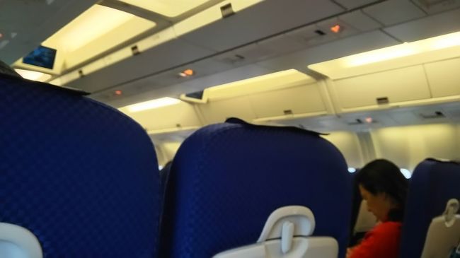 配列2-3-2の中型機です。<br /><br />乗り物酔いの激しい次女は離陸でダウンでした・・・・。