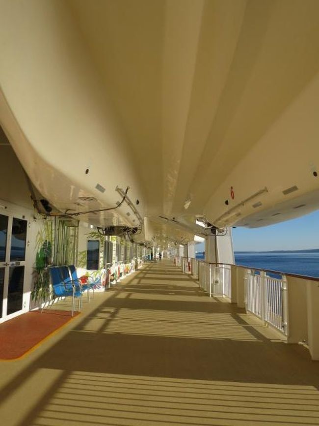 ６階のデッキです。長いデッキ、向こう側がはるか遠くです。<br />船がどれだけ大きいサイズなのかわかりますよね。<br />ここを歩いて散歩しました。