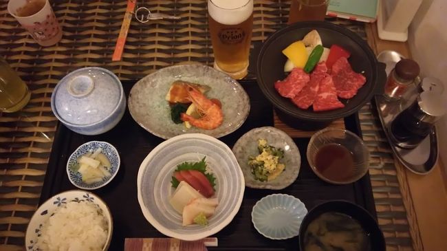 夕食はこんな感じ。<br />味は普通でした。<br /><br />チェックインの時夕食の時間を聞かれたので６時半にして６時半ぴったりに食堂に行きましたが出てきたのは２０分後でした・・・<br />