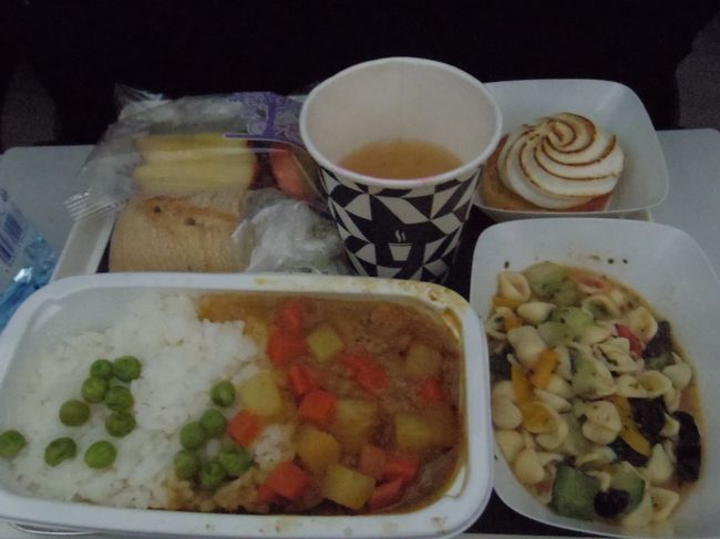 １回目の機内食。<br /><br />カレーと言うけれど微妙。<br />右上のお菓子は美味しくなくて半分残しました。<br /><br />途中、アイスクリーム（ハーゲンターツの短い棒状のもの）を食べていた人がいたので、後部に行ってもらってきました。ついでにサンドイッチも。<br />座席を回って配ってはくれません。気づいたもの勝ち。