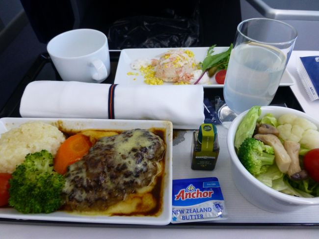 洋食のお肉をチョイス。ハンバーグですがすごくおいしい。<br />飲み物はカボスジュースをいただきます。温かいパンも２個サーブされました。