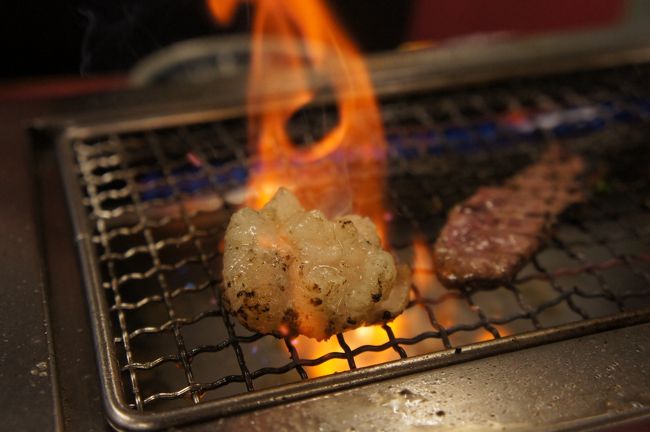 網に乗せると、ジュワ〜と脂が溶け出し、おなじみの姿を現しました。<br /><br />あー、おいしい！<br /><br />ホソ塩、2人前追加しました。