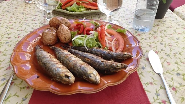 いわしの塩焼き。<br />7.5ユーロです。<br />レストラン街です。<br />中国語らしき言葉で言われるので閉口した。<br />ポルトガル語話せないかとポルトガル語で言うとキョトンとしている。<br />ポルトガル人か言われることがある。<br />もちろん日本人である。<br />