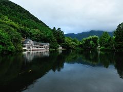 金鱗湖の夕景も忘れてはいけないのでケーキを宿に置き、歩いて3分ほどの金鱗湖へ向かいます。やはり雲で遠景は望めませんが、小さいながらも雰囲気のある金鱗湖は素敵でした。

写真でも錦鯉が見えますが、この金鱗湖には沢山の魚がいましたねえ。