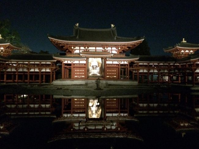 風もほとんどなく 前の池に映った鳳凰堂 きれいでした<br /><br />阿弥陀如来様もライトアップされて よく拝見できます