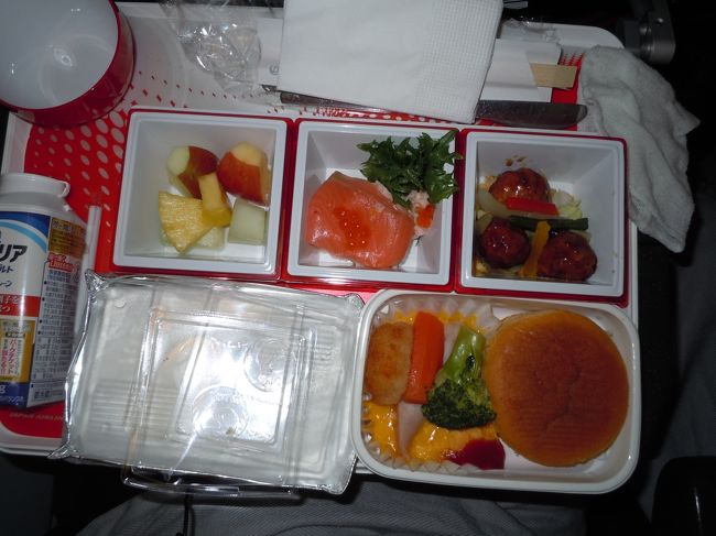 機内食。ブルガリア・ヨーグルトも付いており、美味しく頂きました。