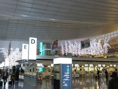あっという間に羽田空港へ。バスは乗り換えなしで行けるので楽ですね。
羽田空港は、冬のイルミネーションが飾られていました。
