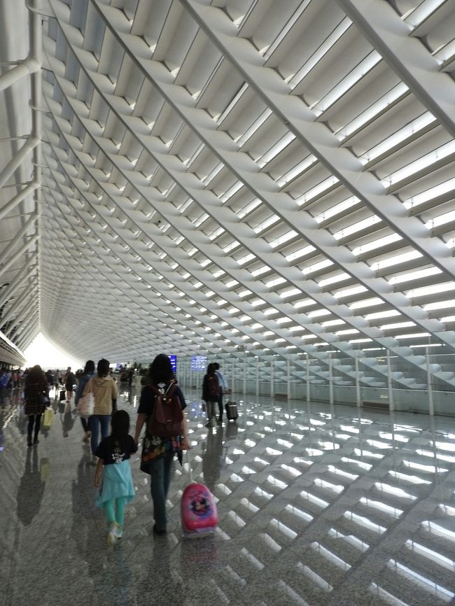 およそ４時間のフライトで桃園国際空港へ。<br />この左側にイミグレーションがあります。<br /><br />それが…<br /><br />激混み！！！<br />イミグレ通過するのに１時間かかった！人が多すぎだよ…。<br /><br />その間、日本で登録しておいたフリーwifiの接続を試みるも全くつながらず、この度ではルーターをレンタルしなかったので、台湾でGoogleも使えないし、いろんな割引も使えなくて、かなりストレスフルでした。<br />ホテルの部屋でしかネット接続できず…。<br />どうしてフリーwifiの接続ができなかったのか、今でも不明です。<br /><br />話を戻して、イミグレを通過し、スーツケースをピックアップしに行くと、すでにスクート便の荷物は出払っていました。<br />私たちのスーツケースはどこ…？？<br />エバー航空に行ってくださいと言われ、エバー航空のカウンターにいってもちんぷんかんぷんな答えが。<br />もういいやっ、ってことで歩いて探したら、私たちのスーツケースが身を寄せあってポツンとコトコト移動していました。<br /><br />到着口で待っていた添乗員さんに「○○さんっ？！こっちきてっ！」と怖い顔で、かなりイライラされていた様子。<br />子供がいるからのんびりしてたわけじゃないし、トイレもいってないし、イミグレが混んでただけなのに…。<br />私たちが最後の２組で、残りの１組も１０分あ後くらいに到着し、みんなでエスカレーターにのってバスまで移動しました。<br />ナルワントという台湾の旅行会社が送迎やツアーを引き受けているようでした。