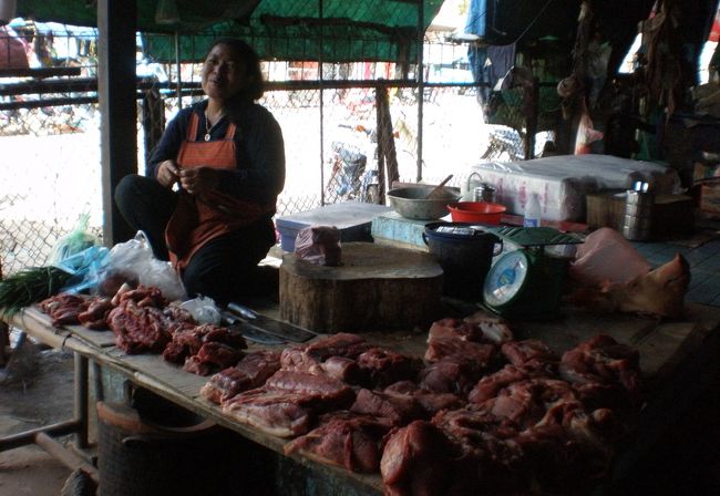 　何か食べるものはないか。<br />　市場の中に入ってみると、灯りのない建物の中は薄暗く、市場独特の魚のにおいで食欲は急に減退する。<br />　肉を売っているおばちゃんがにっこり笑う。<br />　この生肉のかたまりじゃ、そのままでは食べれません。