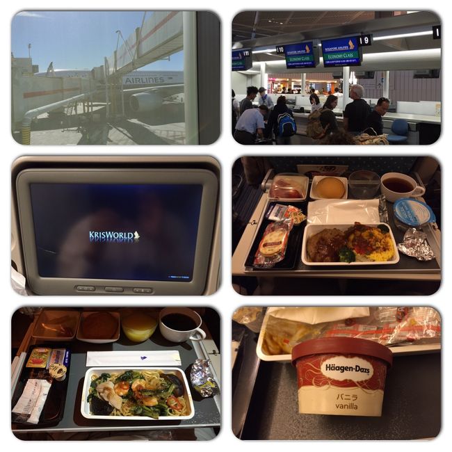 【成田⇔ロサンゼルス空港〜シンガポール航空】<br /><br />評判の良いシンガポール航空で成田→ロサンゼルスです。<br />噂通り、エコノミーでは珍しいといわれている一人1台の液晶ディズプレイです。映画も200種類以上ありますが、残念なことに日本語バージョンはかなり少ないです。<br />機内食は、大変充実していて美味しかったですね。メニューもキチンと配られていて洋食と和食から選べます。私は、夕食はハンバーグ、朝食はあんかけそばを選びましたが、どちらも美味でした。食後には、ハーゲンダッツのアイスクリームが配られます。更に、間でも、フルーツやナッツのおやつが配られるので食べきれません。<br />また、CAさんの対応も良く、日本人のCAさんもおられますので、大変安心でした。